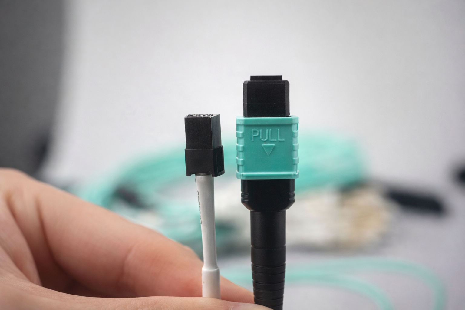 Primer plano de conector de fibra óptica MPO/MTP que muestra el nivel de precisión requerido en sistemas pre-terminados de alta densidad.