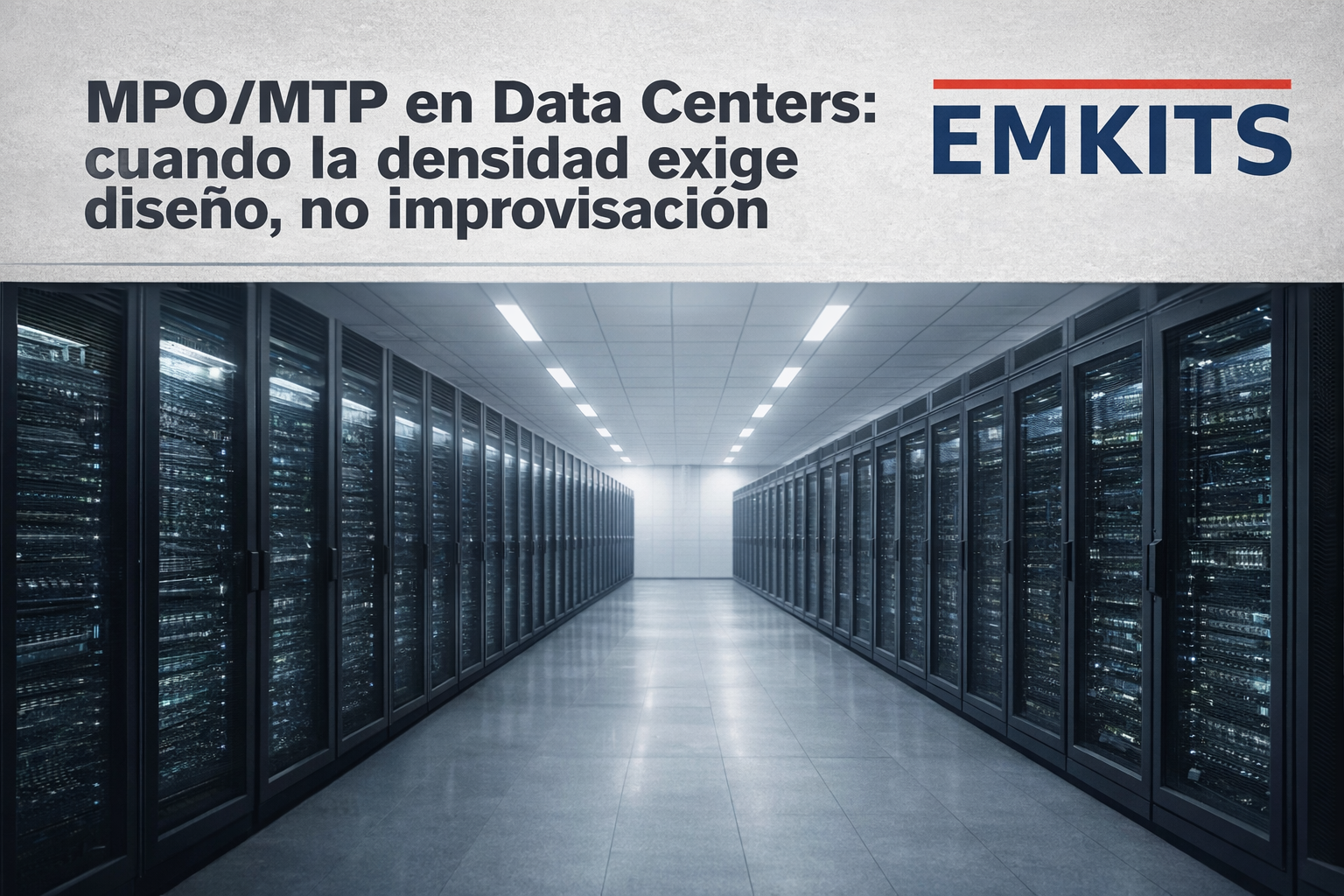 Data center de alta densidad con arquitectura de fibra óptica diseñada para interconexión MPO/MTP en infraestructura crítica.