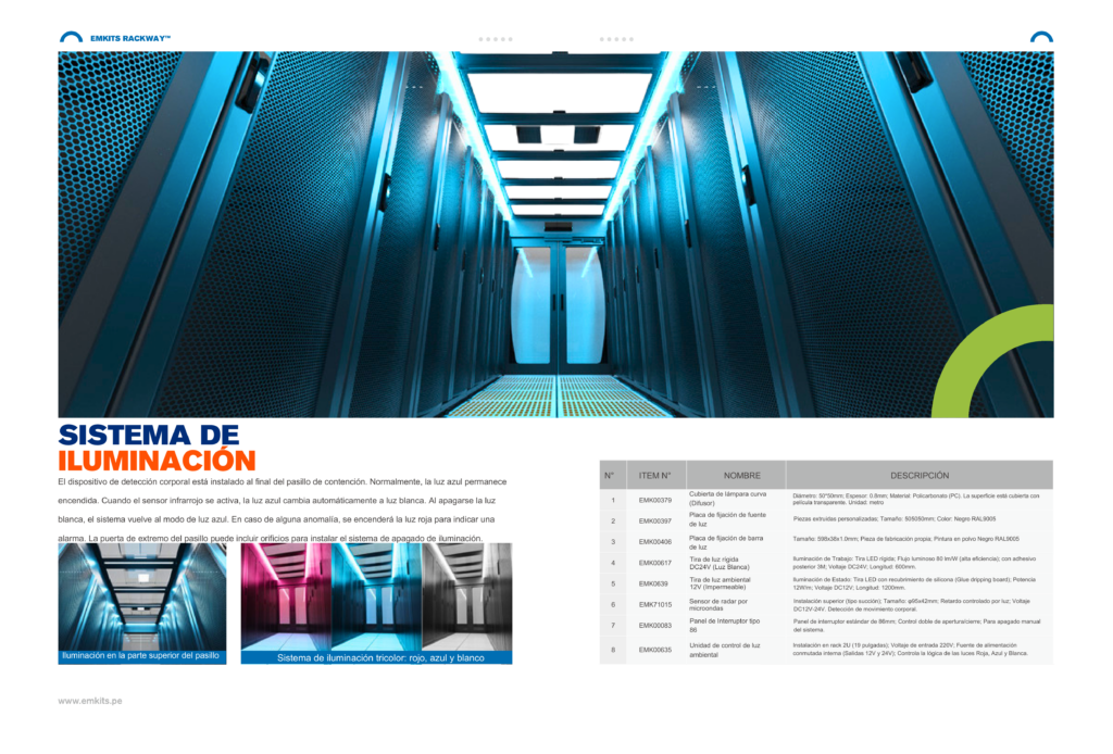 pasillo de data center con sistema de iluminación y monitoreo ambiental
