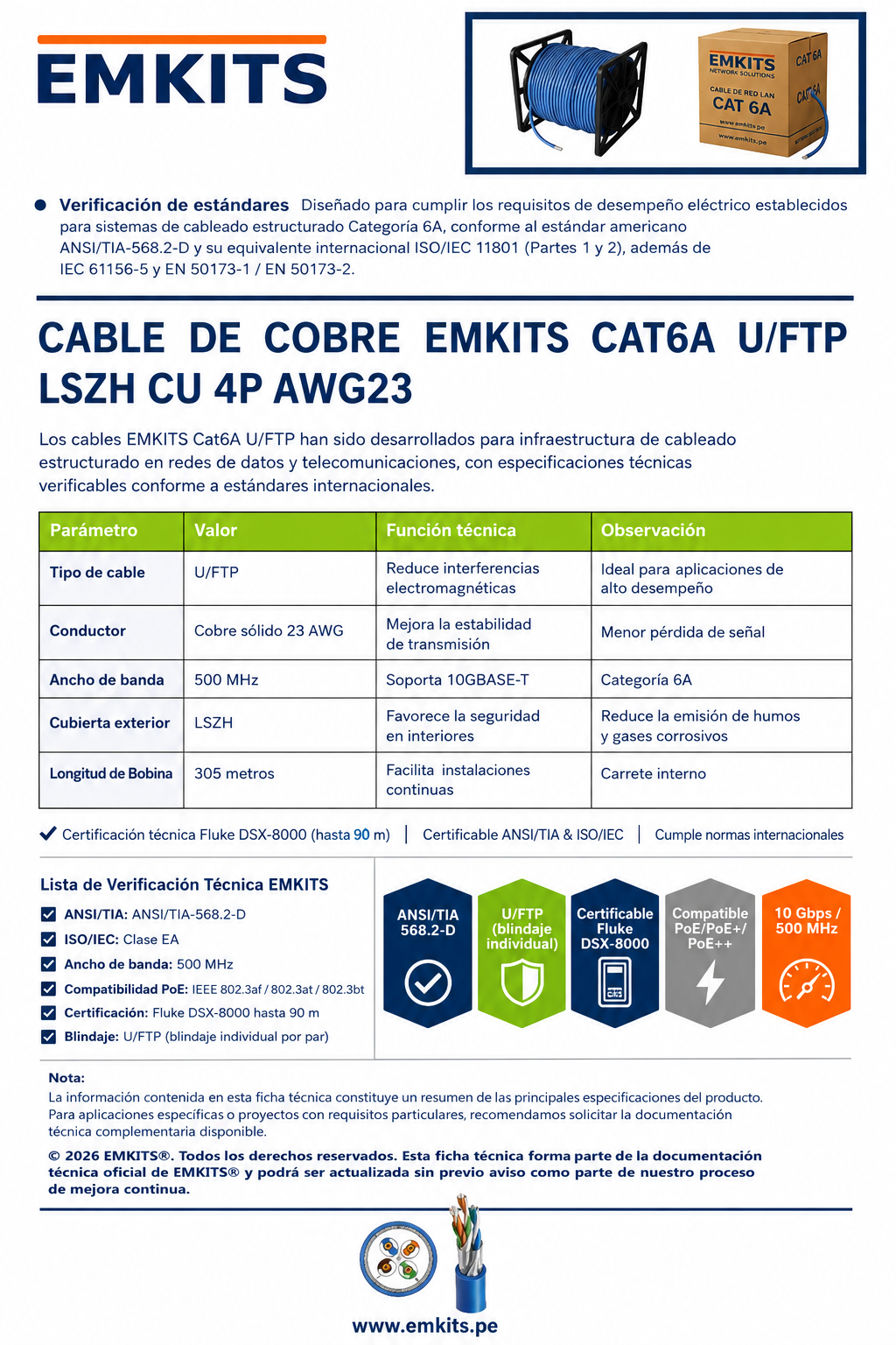 Ficha técnica del cable de cobre EMKITS Cat6A U/FTP LSZH CU 4P AWG23 con verificación técnica, estándares ANSI/TIA-568.2-D, ISO/IEC Clase EA, compatibilidad PoE y certificación Fluke DSX-8000.